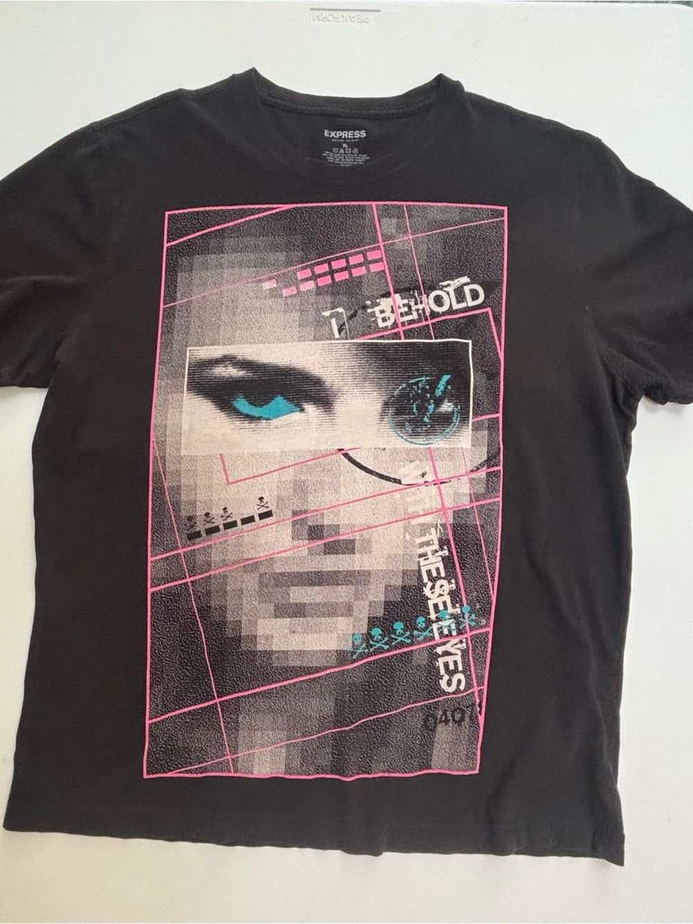 Express Black Graphic Short-Sleeve Tee with Pink and Teal Accents